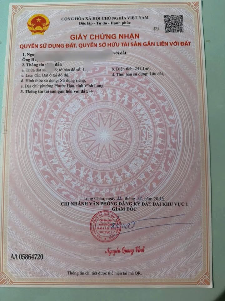 Đất thổ cư 241m² Phường Trường An, Vĩnh Long - Giá chỉ 2.41 tỷ