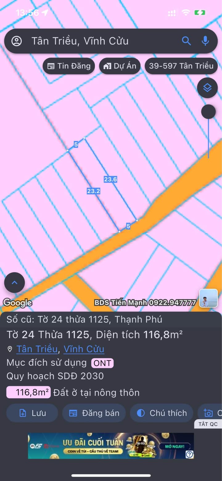 Đất thổ cư 116m² tại Thạnh Phú, Vĩnh Cửu giá chỉ 1.5 tỷ - Cơ hội đầu tư tuyệt vời!