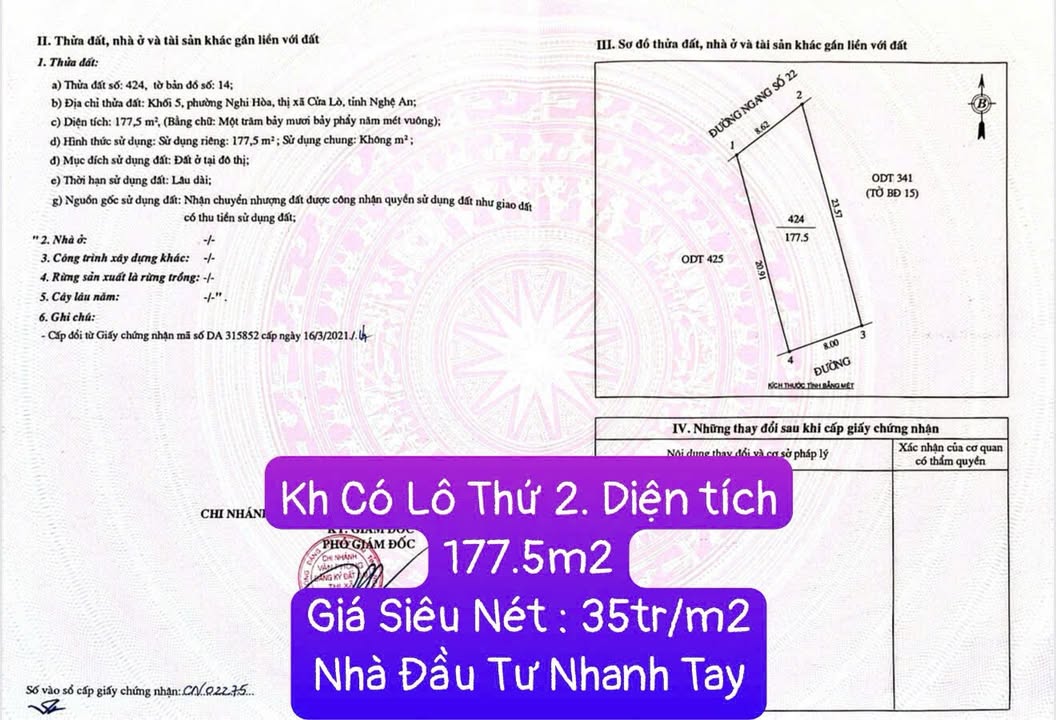 Đất nền đường Ngang Số 22, TP Vinh, 177m² giá 6.212 tỷ - Cơ hội đầu tư hiếm có!