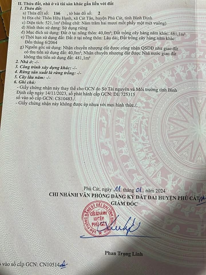 Đất thổ cư 521m² Thôn Hữu Hạnh, Xã Phước Thuận, Giá chỉ 500 triệu