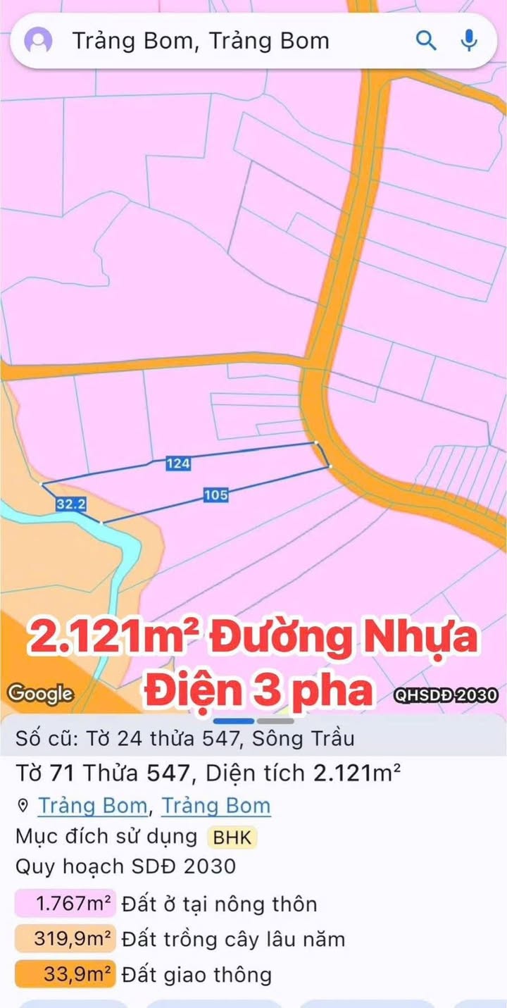Đất nền Trảng Bom, Đồng Nai 2.121m² giá 3.65 tỷ - Tiềm năng đầu tư lớn!