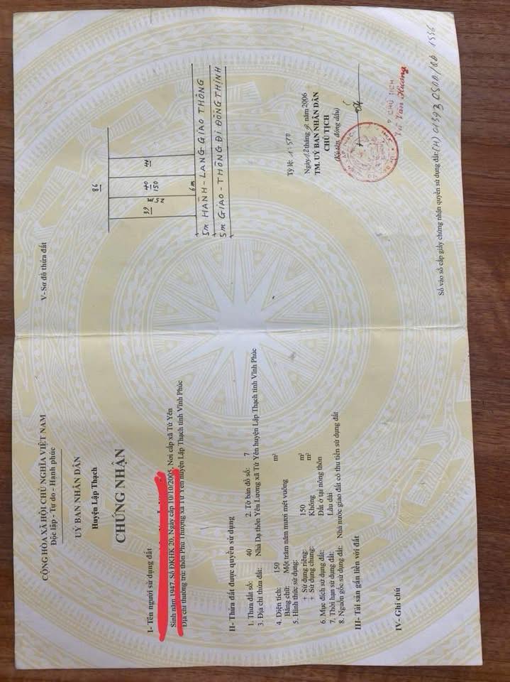 Đất thổ cư xã Tứ Yên, huyện Sông Lô, 150m² giá 2 tỷ - Mặt tiền 6m, gần trường học!