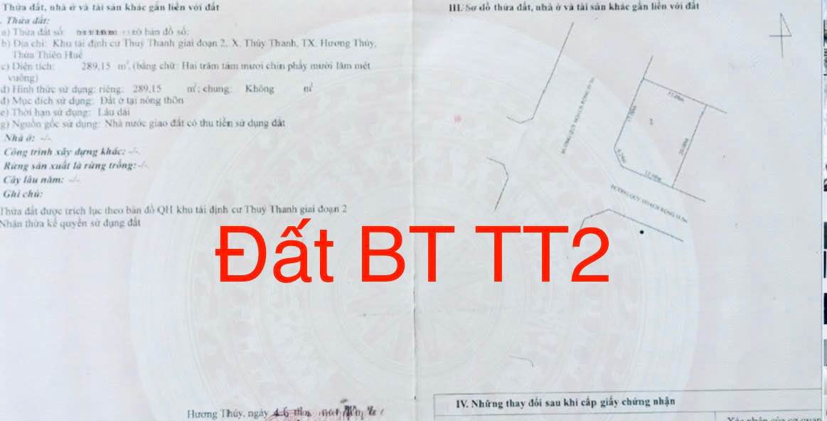 Đất biệt thự Thủy Thanh, Hương Thủy 289,25m² - Cơ hội đầu tư tuyệt vời!