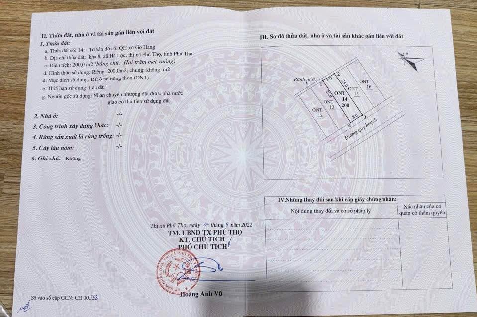 Đất thổ cư 200m² xã Hà Lộc, Phú Thọ giá 2 tỷ - Cơ hội đầu tư tuyệt vời!