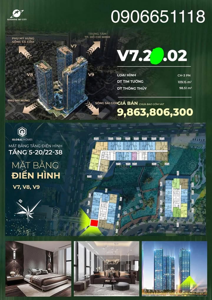 Căn hộ 3 phòng ngủ Sunshine Sky City quận 7, 109m² giá 9.8 tỷ - View thoáng đẹp!