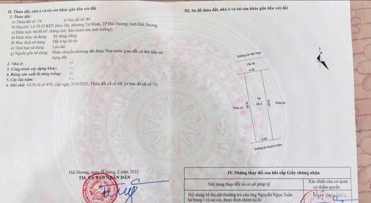 Đất nền Tứ Minh Hải Dương 66m² giá chỉ 3 tỷ - Mặt tiền 4m hướng Bắc!