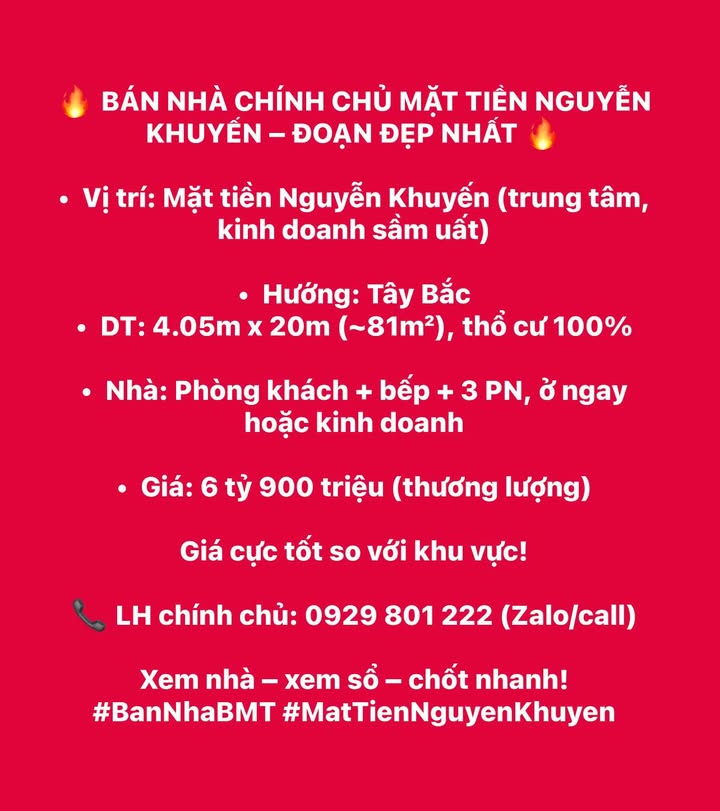 Nhà mặt tiền Nguyễn Khuyến, Buôn Ma Thuột 81m² giá 6.9 tỷ - Đầu tư sinh lời!