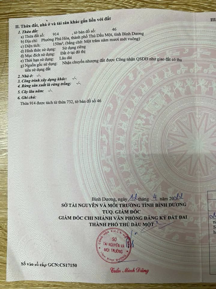 Đất thổ cư 150m² tại Phú Hòa, Thủ Dầu Một - Pháp lý rõ ràng, giá chỉ 6.2 tỷ!