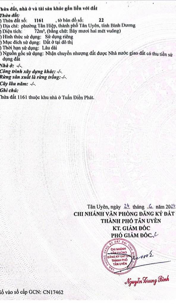 Đất thổ cư 72m² tại Dĩ An, Bình Dương - Giá chỉ 1.55 tỷ, chính chủ cần bán gấp!