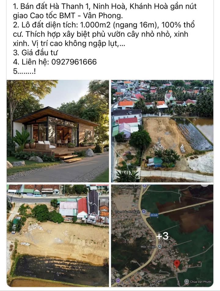 Đất thổ cư 100% tại Hà Thanh 1, Ninh Hòa 1.000m² - Giá thương lượng hấp dẫn!