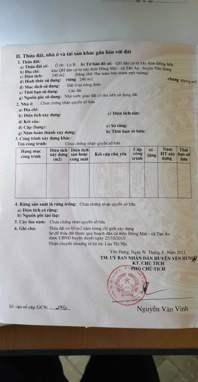 Lô đất thổ cư 240m² tại Khu QH dân cư Đồng Mát, Quảng Ninh - Giá tốt, sổ đỏ chính chủ!