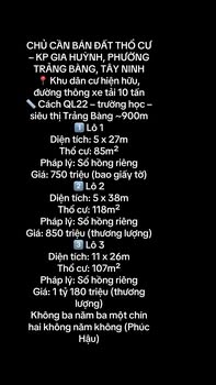 Đất thổ cư Trảng Bàng, Tây Ninh 135m² giá chỉ 750 triệu - Đầu tư sinh lời nhanh chóng!