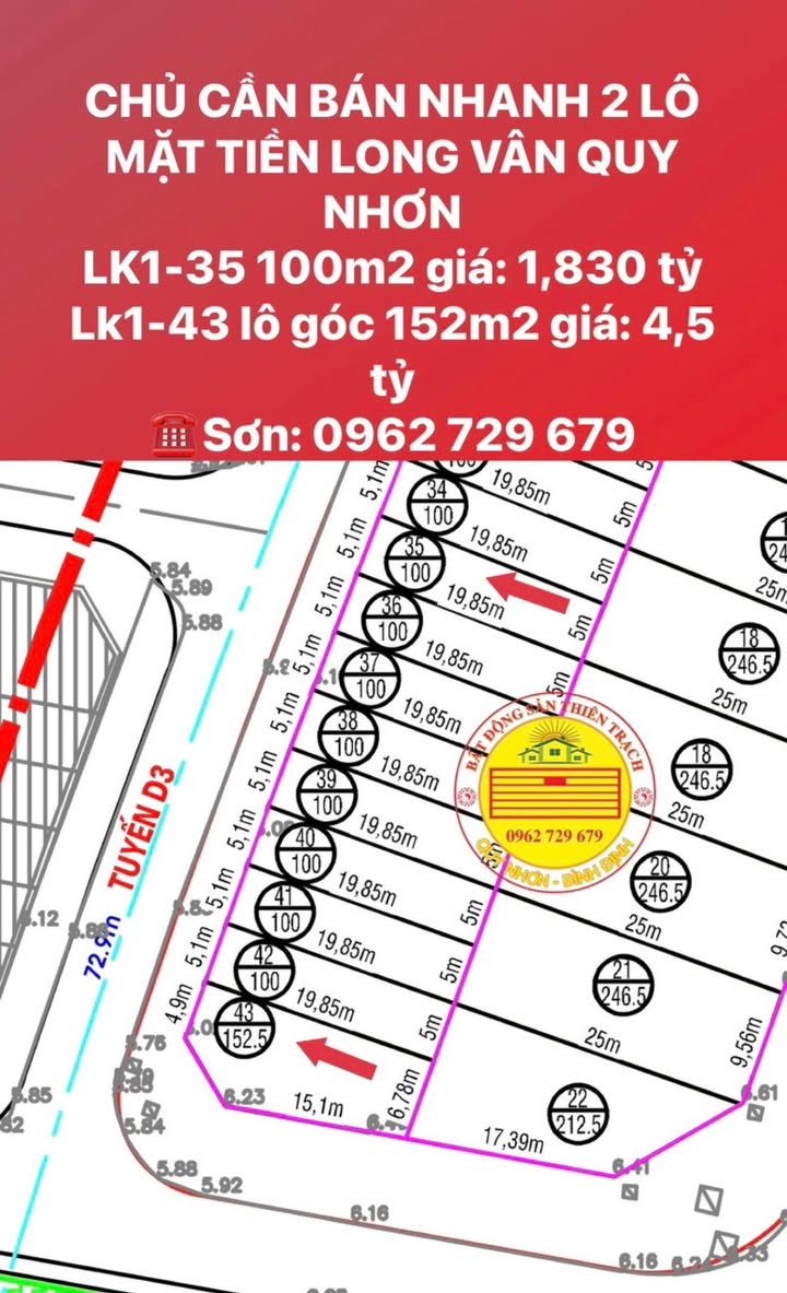 Đất nền mặt tiền Long Vân, Quy Nhơn 100m² giá chỉ 1.83 tỷ - Cơ hội đầu tư sinh lời!