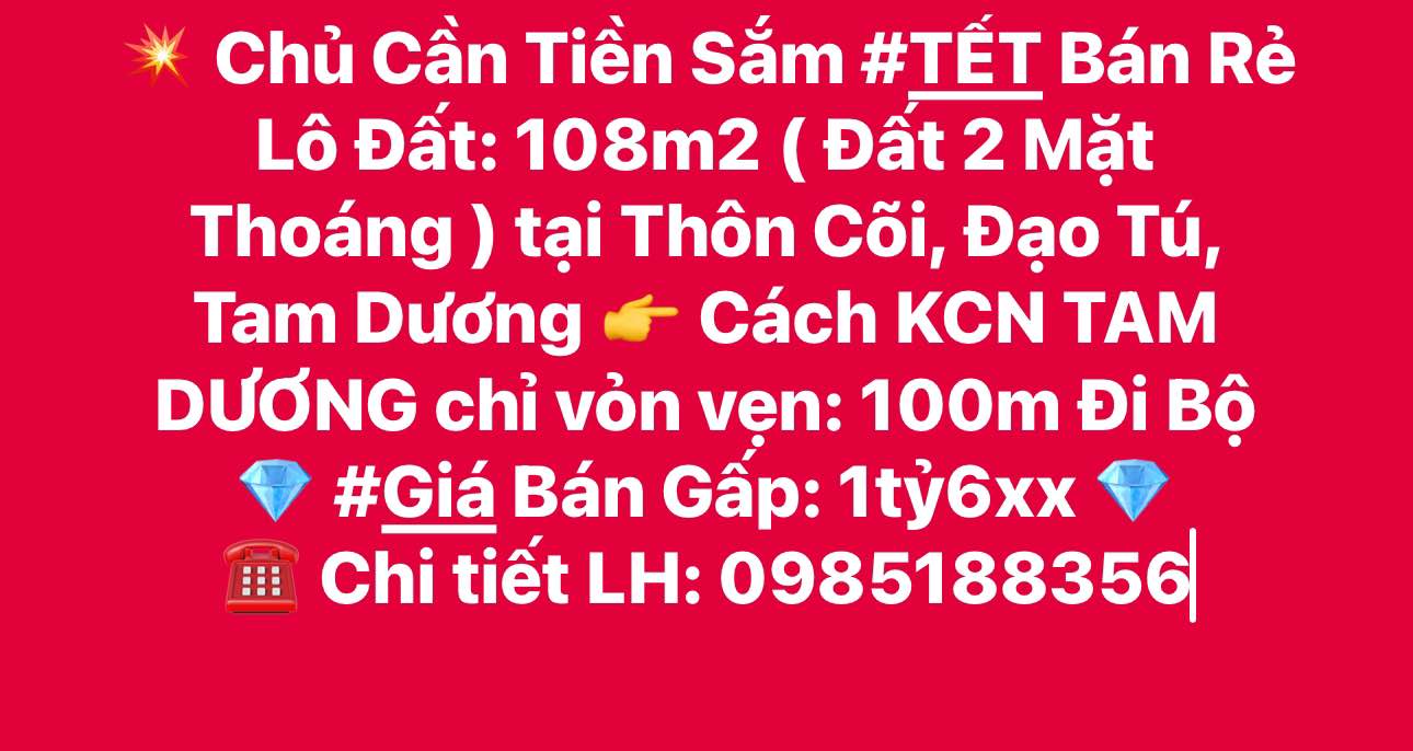 Lô đất 108m² Thôn Cõi, Đạo Tú, Tam Dương giá 1.6 tỷ - Cơ hội đầu tư lý tưởng!