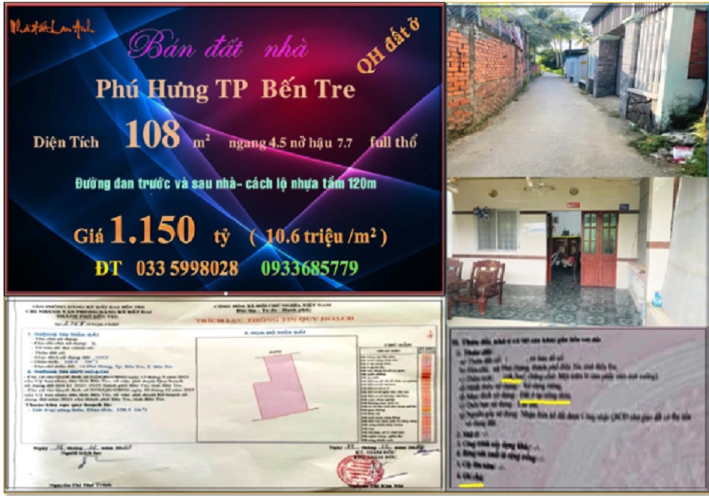 Nhà bán tại Phú Hưng, Bến Tre 108m² giá 1.15 tỷ - Chính chủ bán gấp!