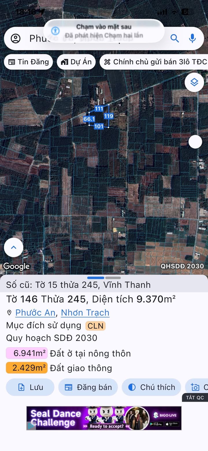 Đất vườn xã Vĩnh Thanh, Nhơn Trạch 9370m² giá 15 tỷ - Đường xe hơi tận nơi!