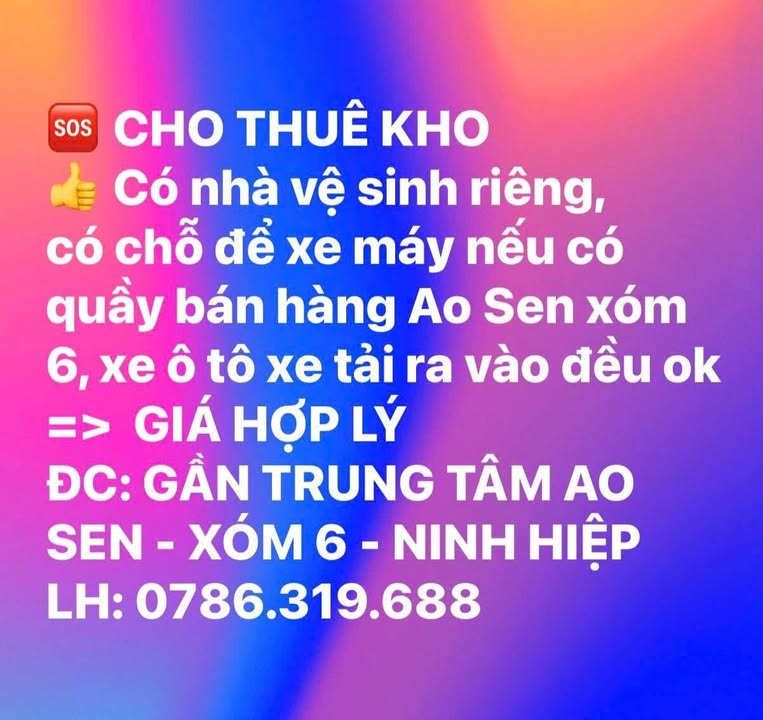 Kho cho thuê tại Ao Sen, Xóm 6, Ninh Hiệp - Giá thỏa thuận hợp lý!