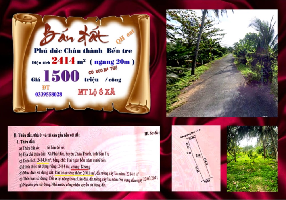Đất vườn Phú Đức - Châu Thành - Bến Tre 2414m² giá 3.621 tỷ - Đầu tư lý tưởng!