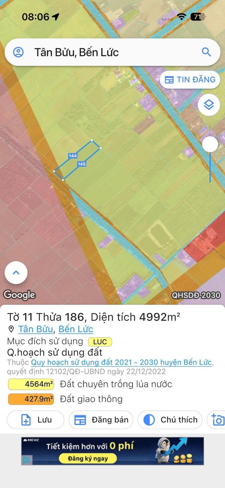 Đất nền 2000m² mặt tiền kênh Bà Bóng, xã Tân Bửu, giá 2.7 tỷ - Đầu tư sinh lời cao!