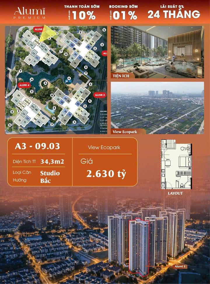 Căn hộ Alumi Premium Ecopark 34,3m² giá 2,63 tỷ - View đẹp, sống chuẩn nghỉ dưỡng!