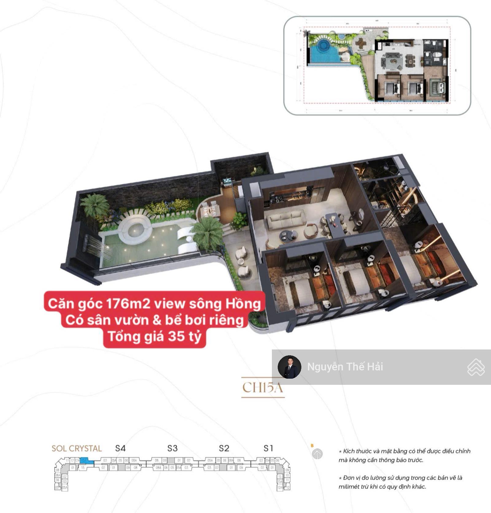 Căn hộ góc 176m² view Sông Hồng - Sân vườn và bể bơi riêng, giá 35 tỷ