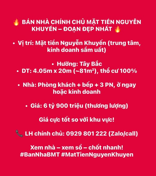 Nhà mặt tiền Nguyễn Khuyến Buôn Ma Thuột 81m² giá 6.9 tỷ - Đầu tư sinh lời ngay!