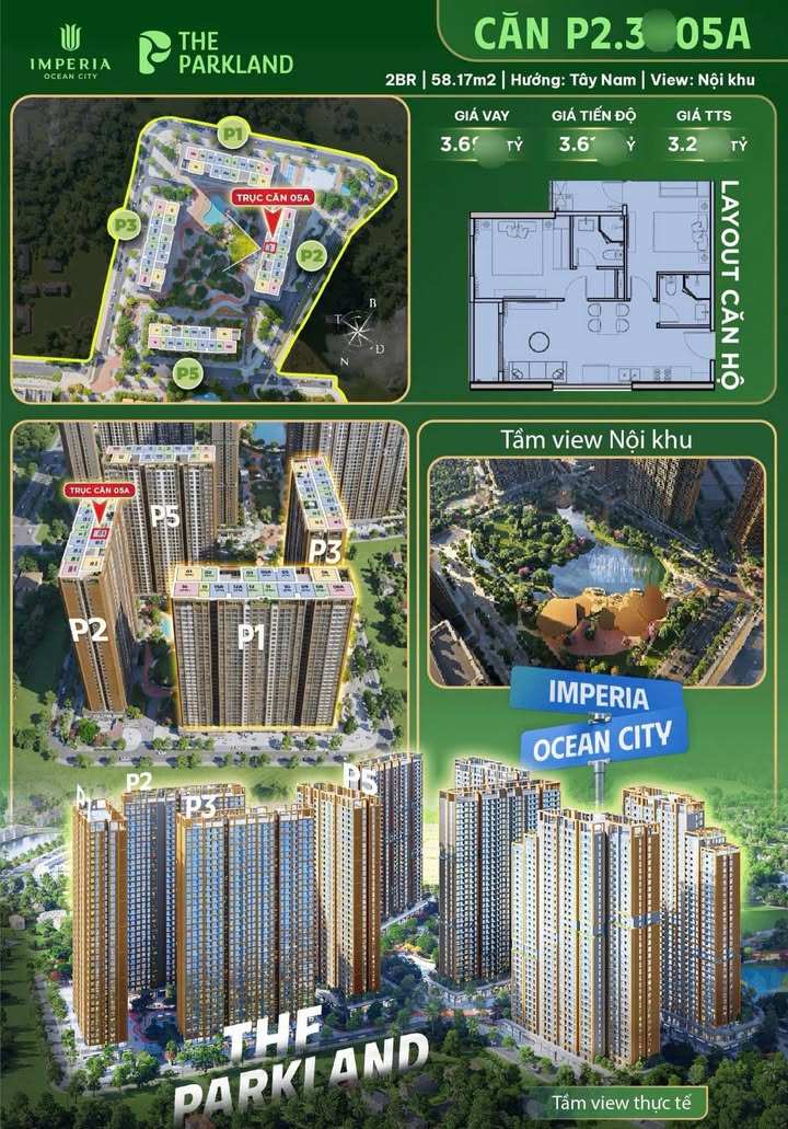 Căn hộ 2PN Vinhomes Ocean Park, Hưng Yên 58.17m² giá 3.2 tỷ - View nội khu xanh mát!