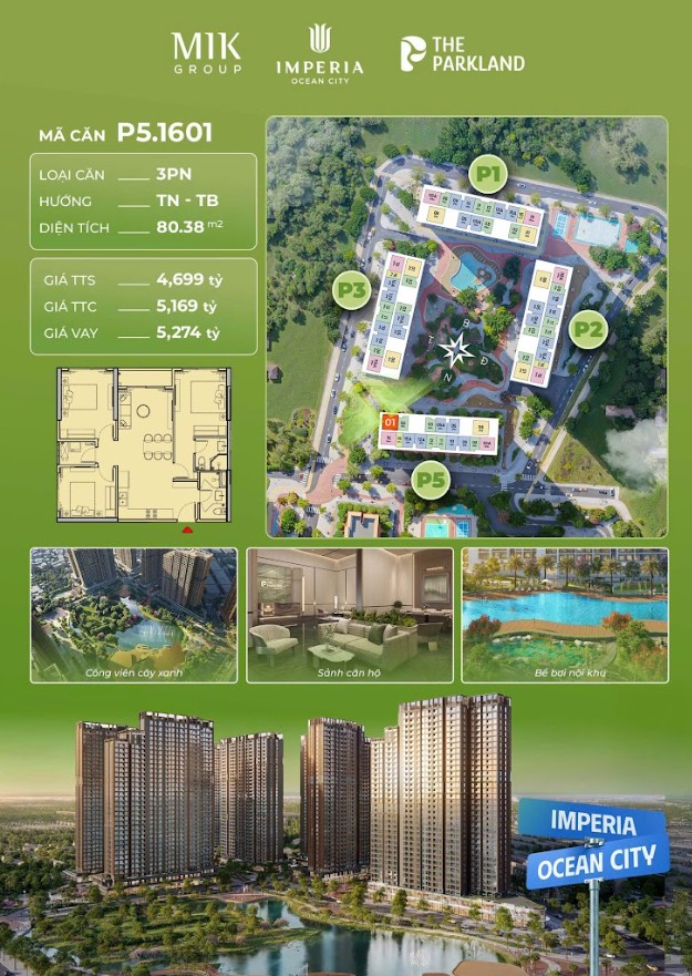 Căn hộ 3PN Vinhomes Ocean Park 80.38m² giá 4.699 tỷ - Thiết kế hiện đại, view nội khu