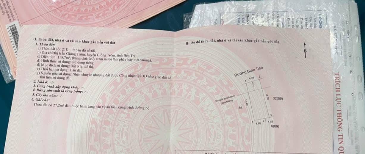 Đất thổ cư 116m² tại Thị trấn Giồng Trôm, Bến Tre - Giá chỉ 830 triệu!