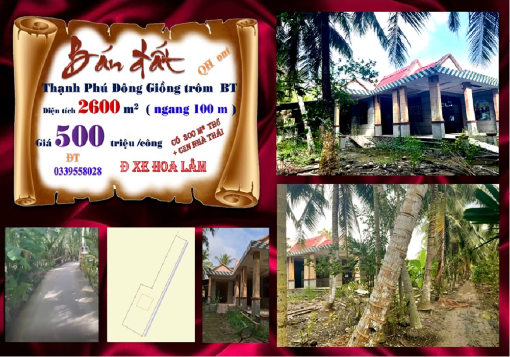Đất nền + nhà Thạnh Phú Đông, Giồng Trôm, Bến Tre 2600m² giá chỉ 1.3 tỷ - Cơ hội đầu tư tuyệt vời!
