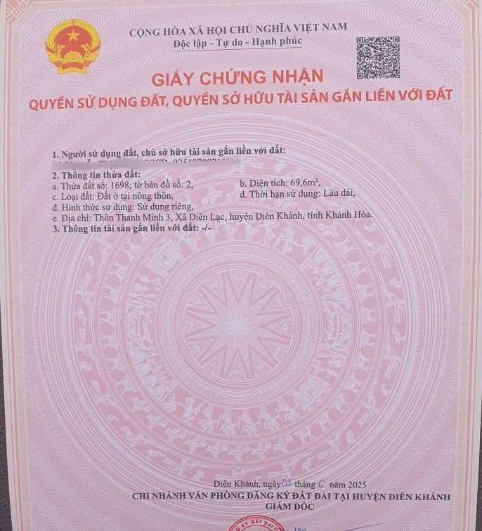 Lô đất Diên Lạc - Diên Khánh 69.6m² giá 790 triệu - Cơ hội đầu tư tuyệt vời!