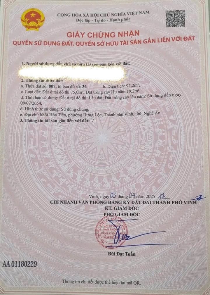 Đất nền Phường Hưng Lộc, TP Vinh 94m² giá 3 tỷ - Chính chủ cần bán gấp!