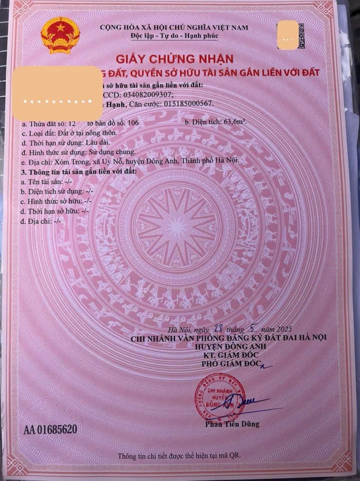 Đất thổ cư Xóm Trong, xã Uy Nỗ, 63m² giá 6.5 tỷ - Sổ đỏ chính chủ!