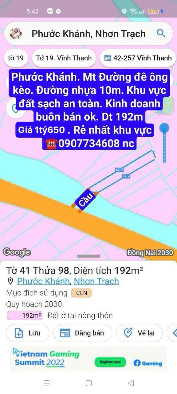 Đất nền Xã Phước Khánh, Huyện Nhơn Trạch, 192m² - Vị trí đắc địa gần chợ và phà