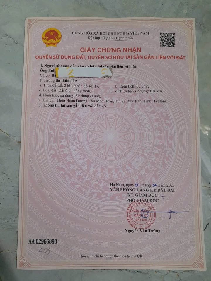 Đất thổ cư 60m² tại Mộc Hoàn, Duy Tiên chỉ 7xx triệu - Ô tô vào tận nơi!