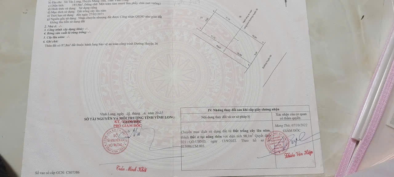 Đất nền mặt tiền đường Huyện 36 - Xã Tân Long 185.9m² giá 950 triệu - Cơ hội đầu tư hấp dẫn!