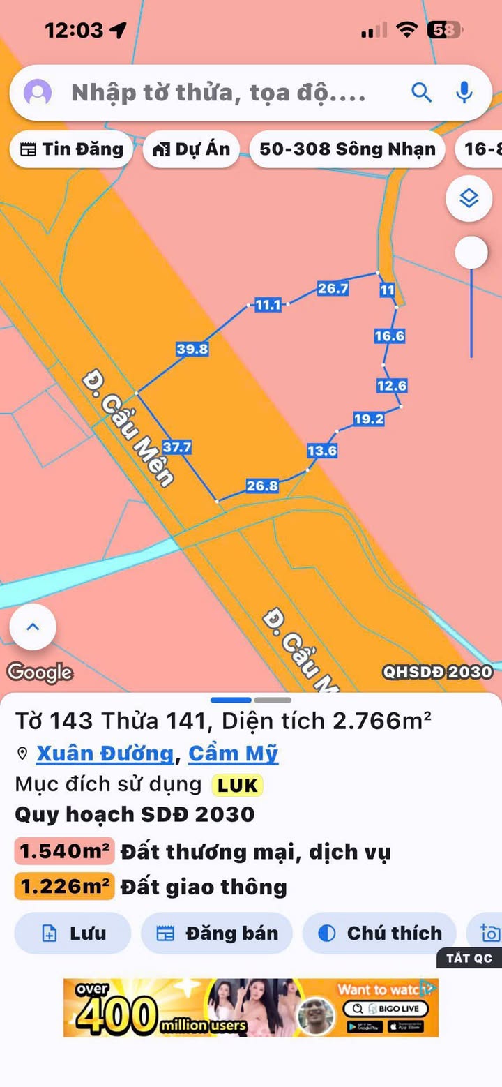 Đất nền 2766m² mặt tiền đường Cầu Mên Xuân Đường - Gần sân bay, giá tốt!