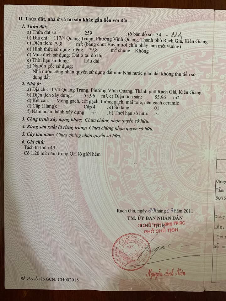 Nhà phố 117/4 Đường Quang Trung, Rạch Giá 89m² giá 1.2 tỷ - Chính chủ bán gấp!