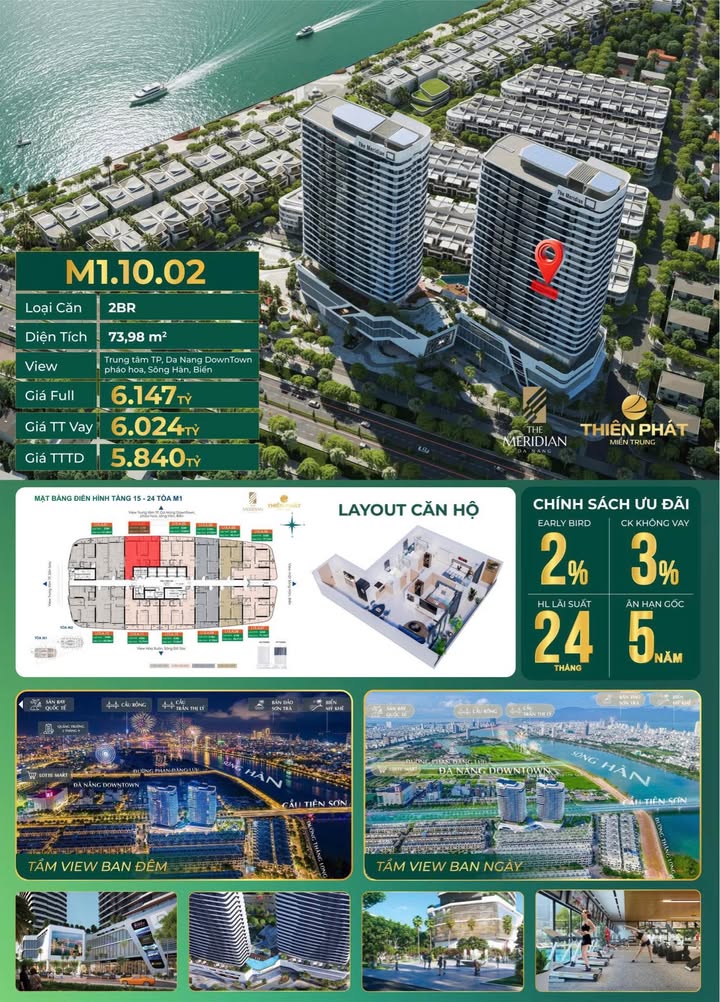 Căn hộ The Meridian Đà Nẵng 74m² giá 6.147 tỷ - Sẵn sàng vào ở ngay!