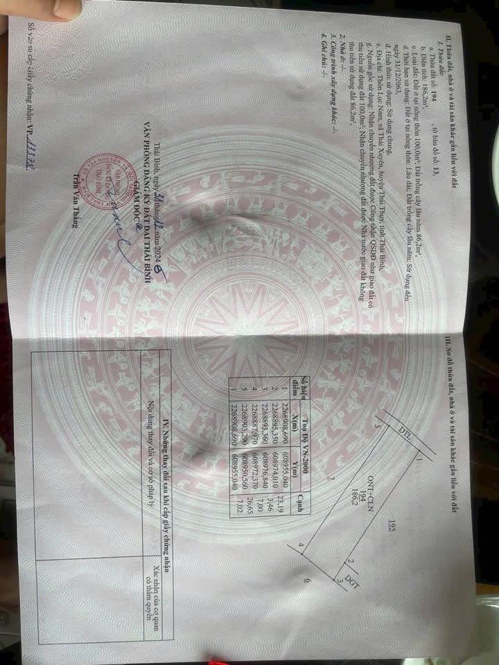 Đất nền Xã Thái Xuyên, Huyện Thái Thụy, 186m² chỉ 6 triệu - Sổ đỏ chính chủ!