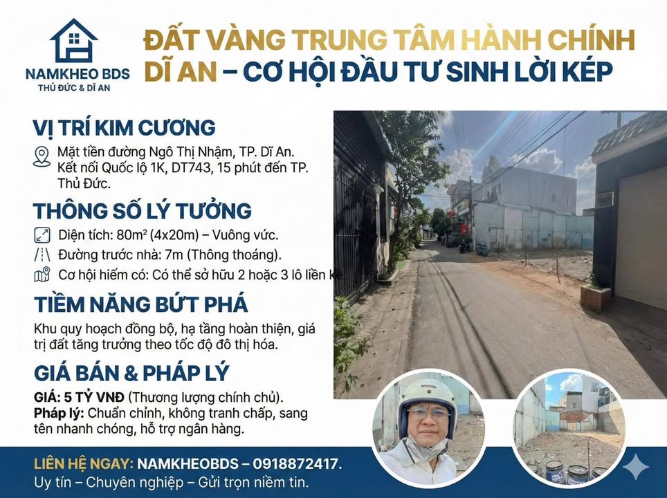 Đất nền Dĩ An 80m² giá 5 tỷ - Vị trí trung tâm đắc địa!