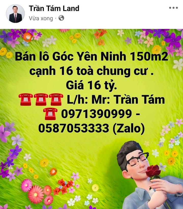 Đất nền góc Đường Yên Ninh, Bắc Giang 150m² giá 16 tỷ - Cạnh 16 tòa chung cư