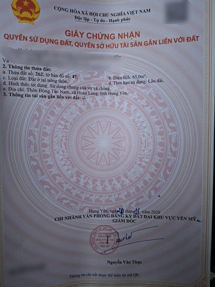 Đất ở xã Hoàn Long, huyện Yên Mỹ 65m² giá 1 tỷ - Đầu tư lý tưởng!