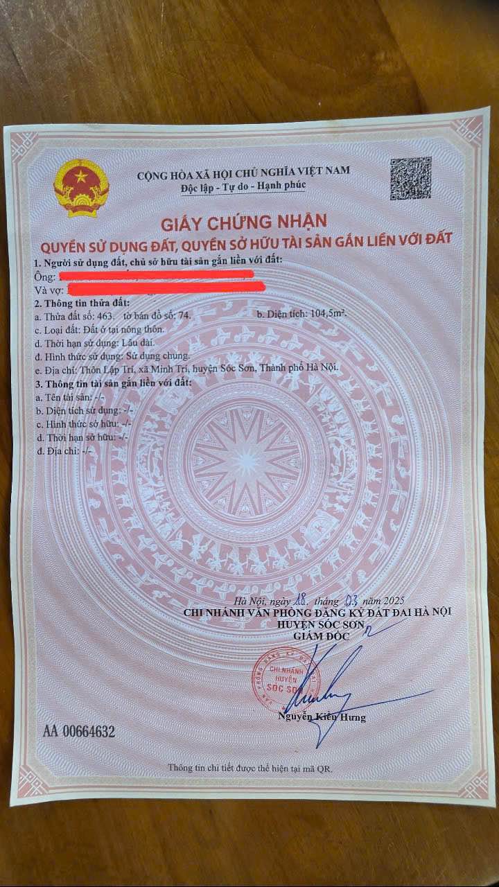 Đất thổ cư Minh Trí, Sóc Sơn 104.5m² giá 2.508 tỷ - Sổ hồng chính chủ!