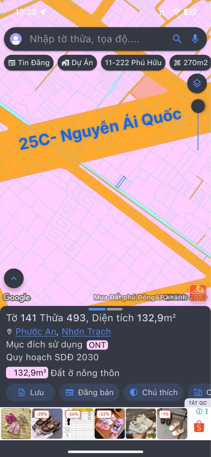 Đất nền thổ cư xã Vĩnh Thanh, Nhơn Trạch 133m² - Sổ hồng riêng, giá chỉ 1.929 tỷ!