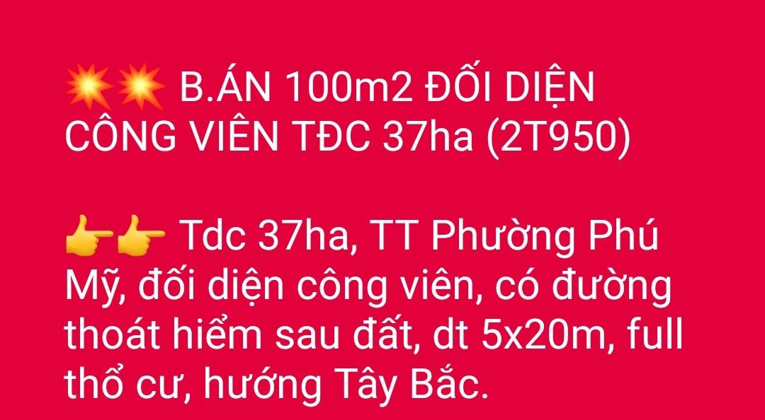 Đất nền Phú Mỹ 100m² giá 2.95 tỷ - Đối diện công viên TĐC 37ha!