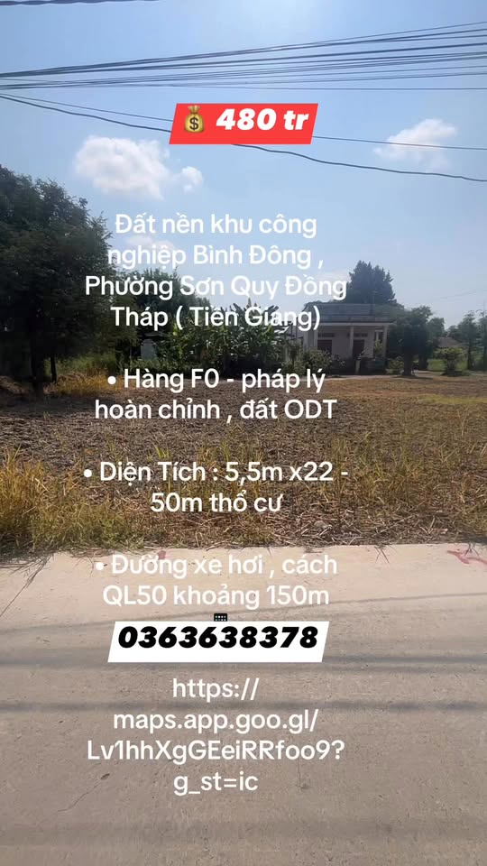 Đất nền khu công nghiệp Bình Đông, Tiền Giang 121m² giá 480 triệu - Pháp lý hoàn chỉnh, cơ hội đầu tư tốt!