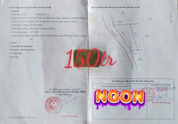 Đất nền Hồng Thái, Bắc Bình 378m² giá chỉ 150 triệu - Cơ hội đầu tư hấp dẫn!