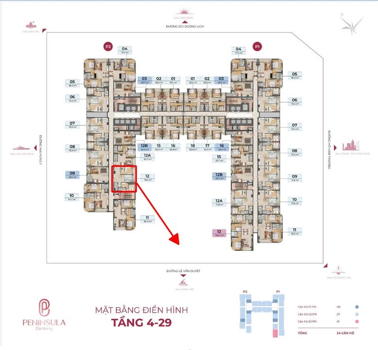 Căn hộ Peninsula P1-1x-12 Đà Nẵng 76.4m² giá 5 tỷ - Siêu thoáng, view sông Hàn tuyệt đẹp!
