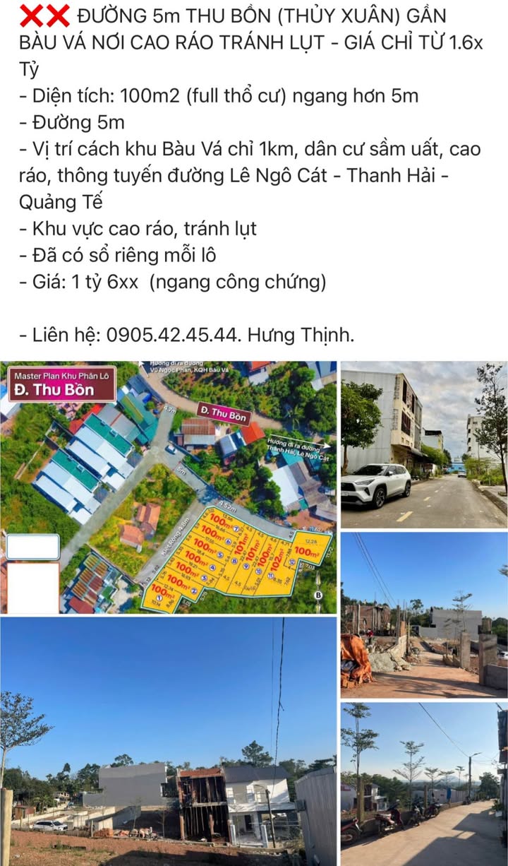 Đất nền Thủy Xuân 100m² giá 1.6 tỷ - Cao ráo, tránh lụt!